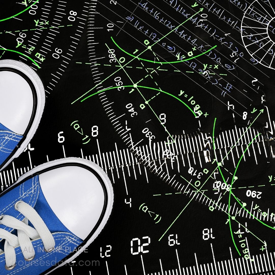Blue sneakers on mathematical background.