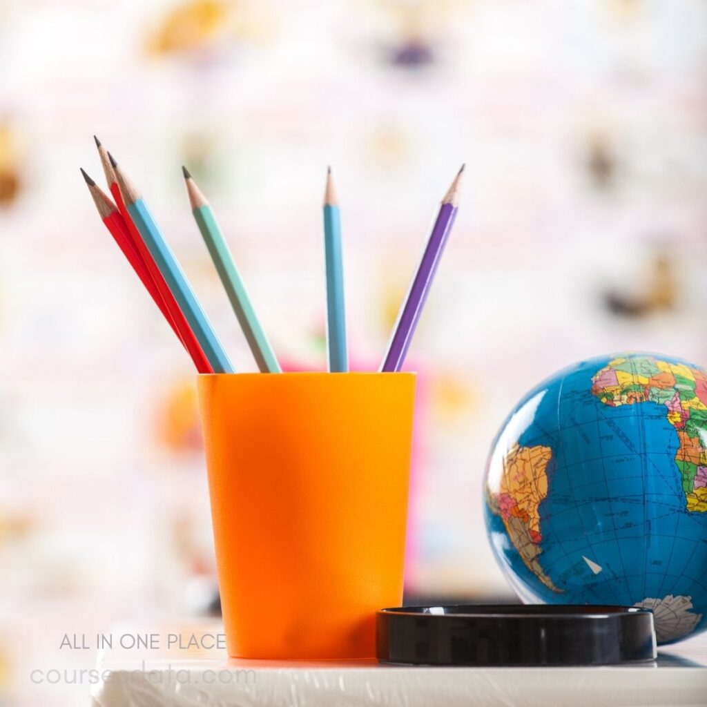 Colored pencils in orange holder.