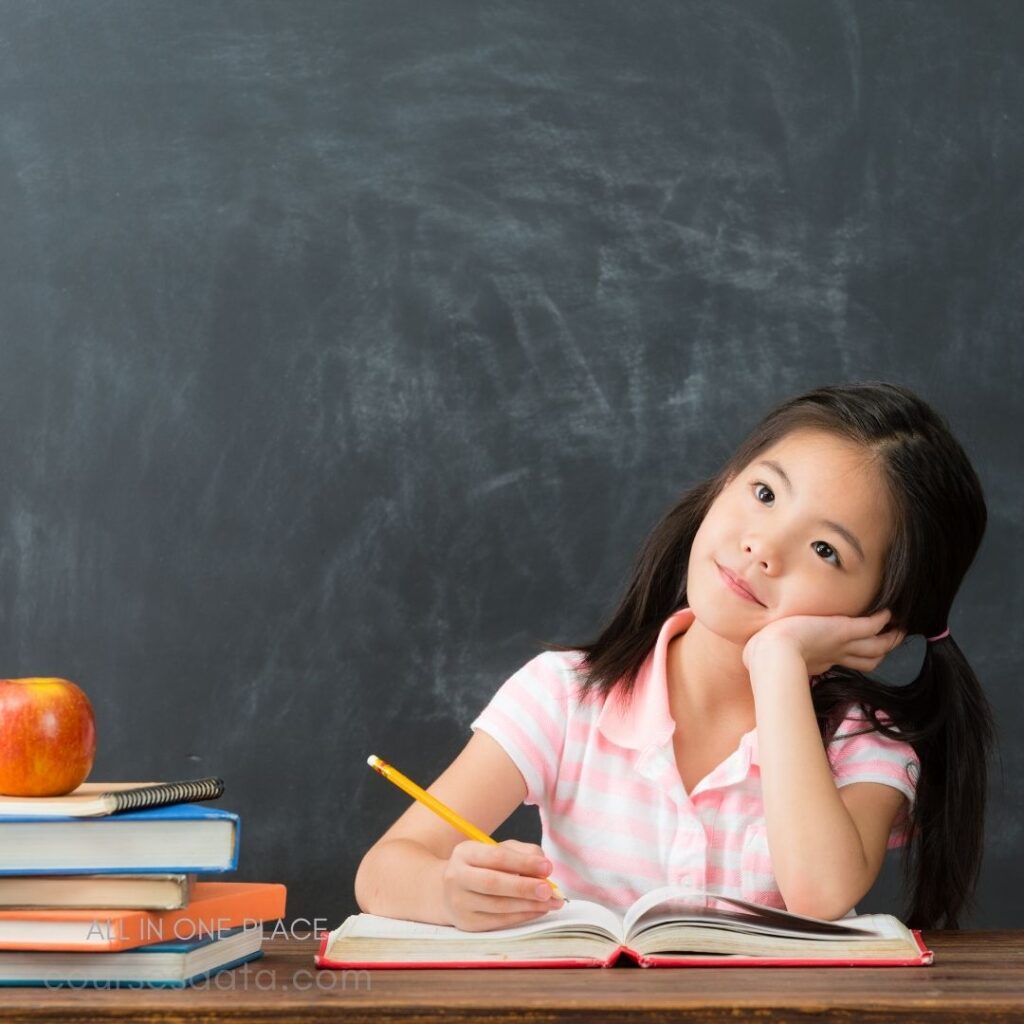 Thoughtful girl studying at desk.