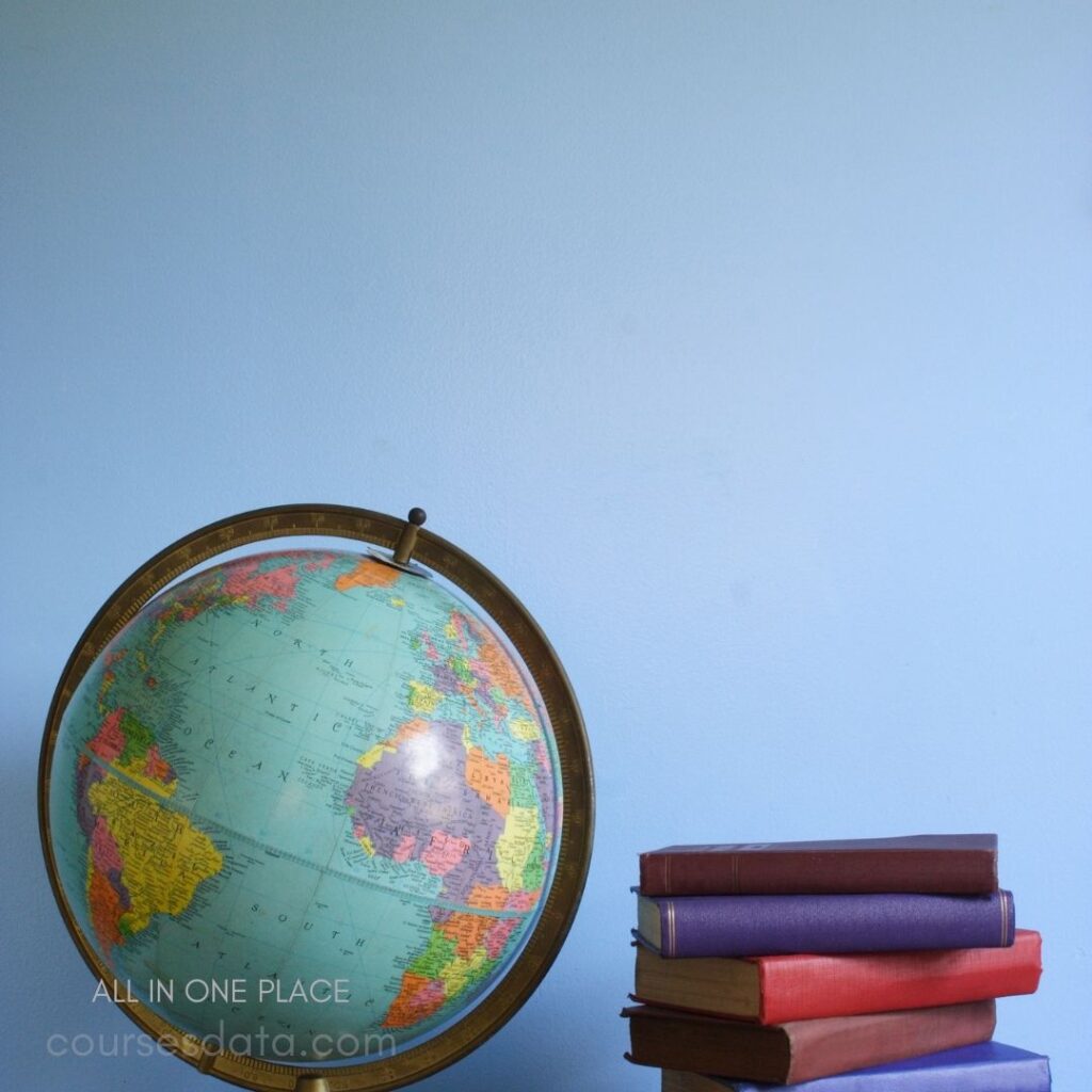 Globe and stacked colorful books.