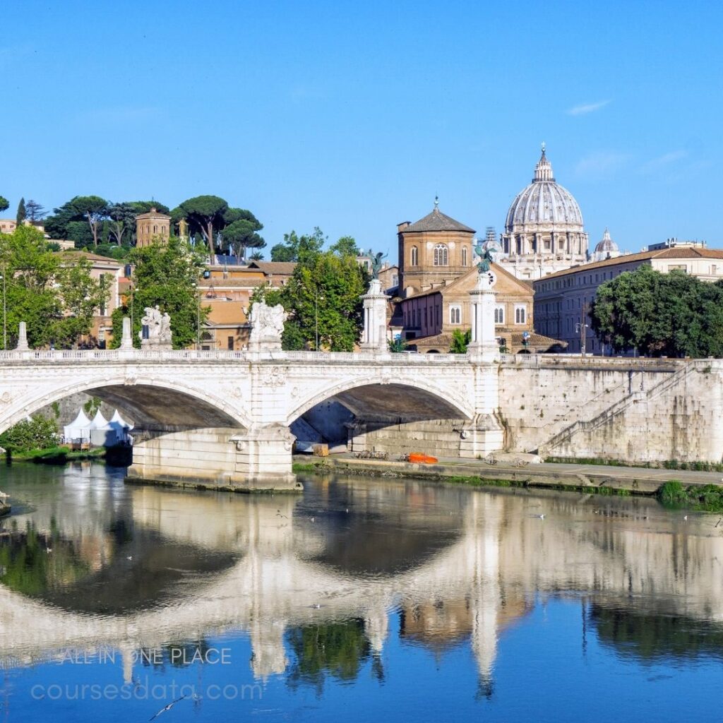 Historic bridge with dome reflection.