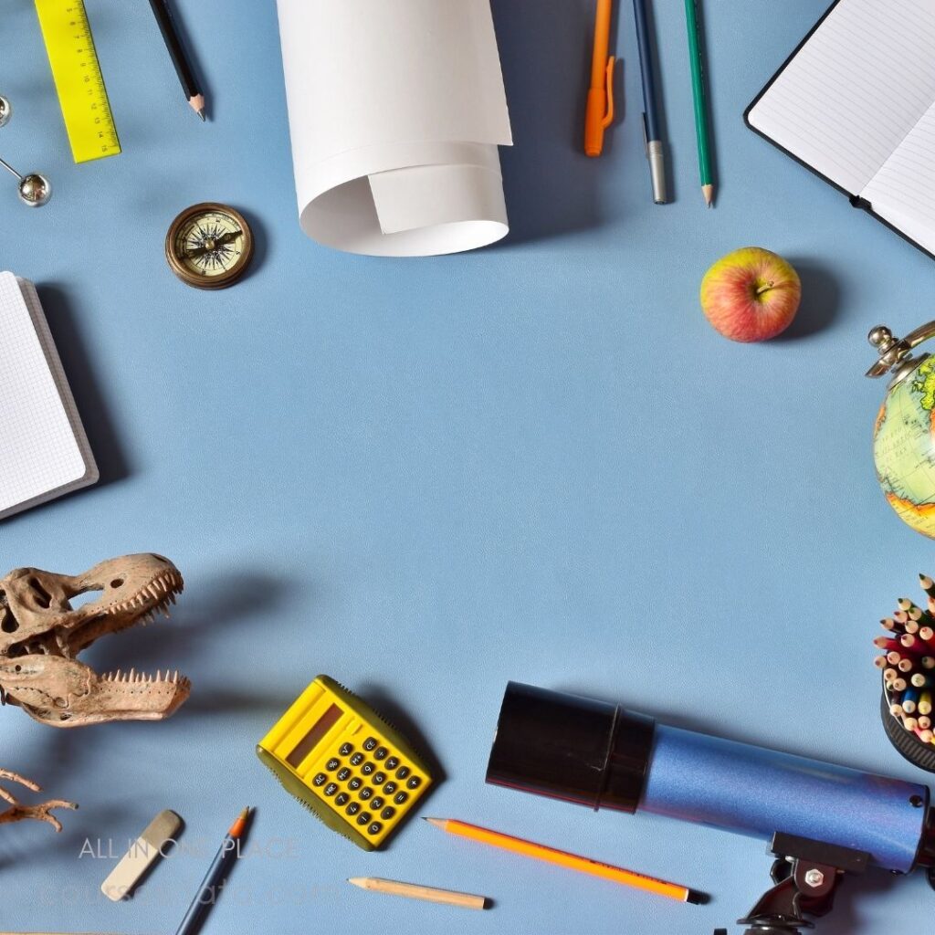 School supplies on blue background.