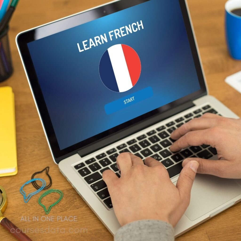 Laptop displaying French learning application.