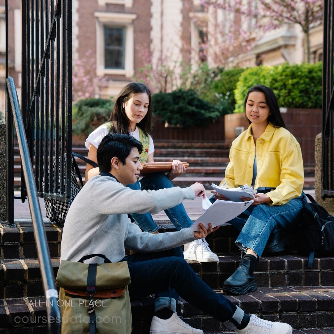 Students studying outdoors together.
