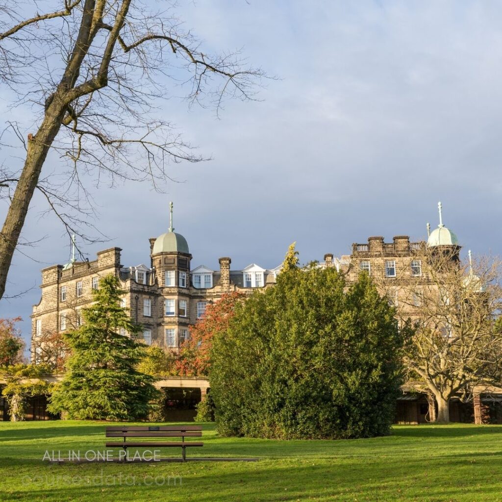 Historic building with landscaped garden.