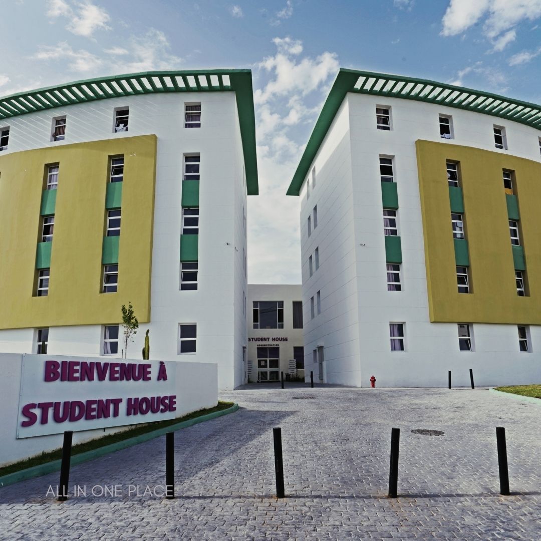 Modern student housing entrance.