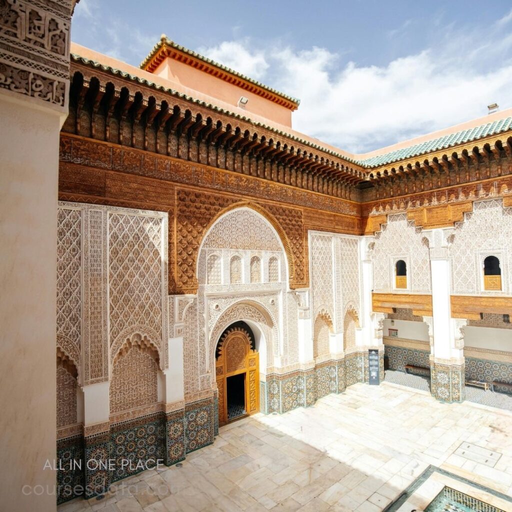 Intricate Moroccan courtyard architecture.