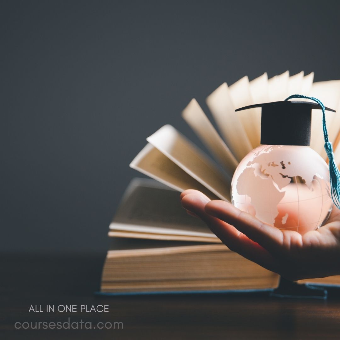 Graduation cap globe atop book.