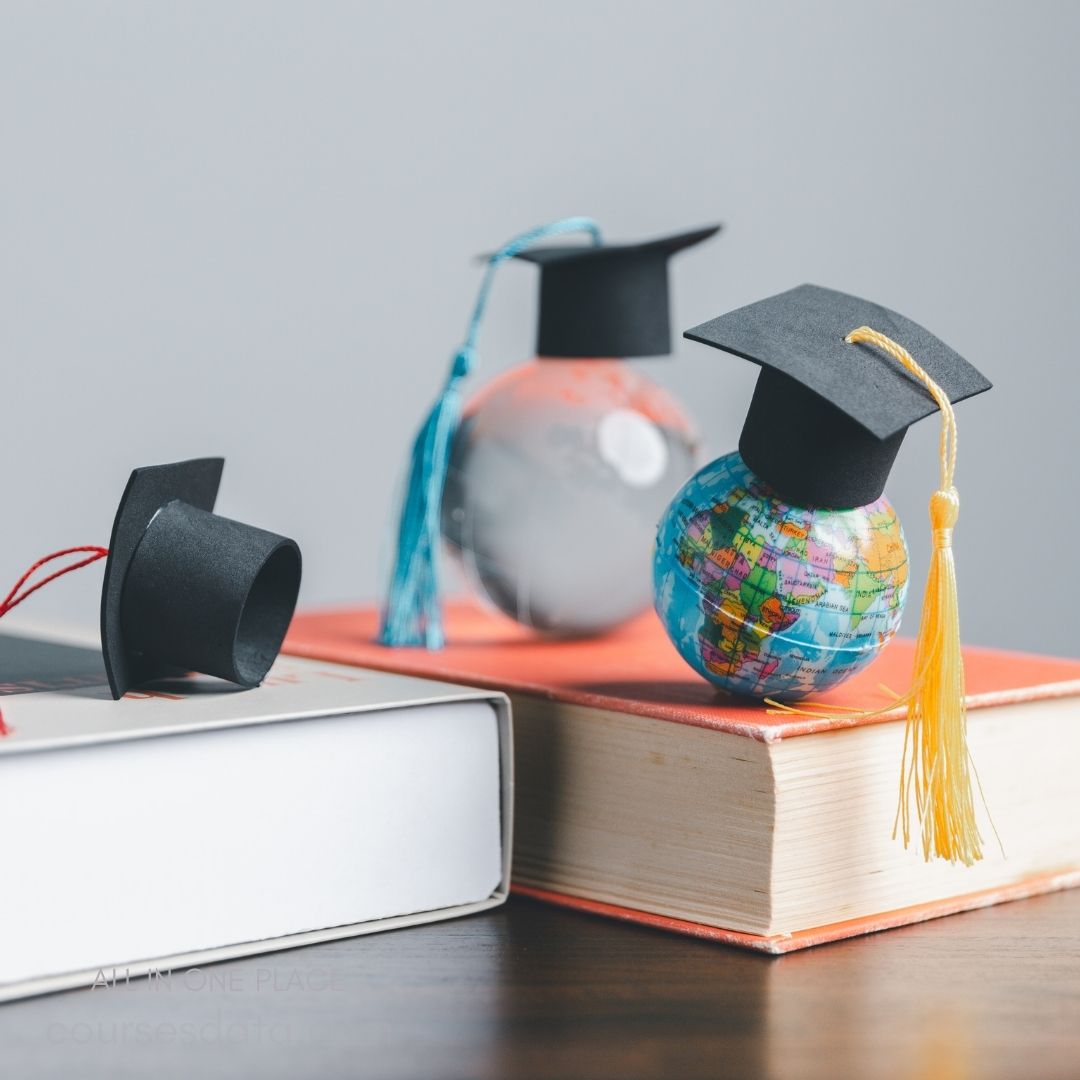 Graduation caps on globe figurines.
