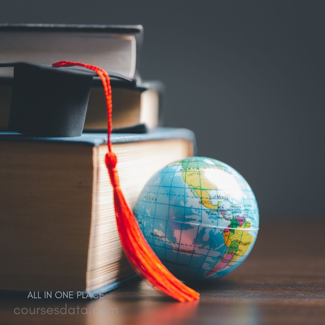 Graduation cap, books, globe.