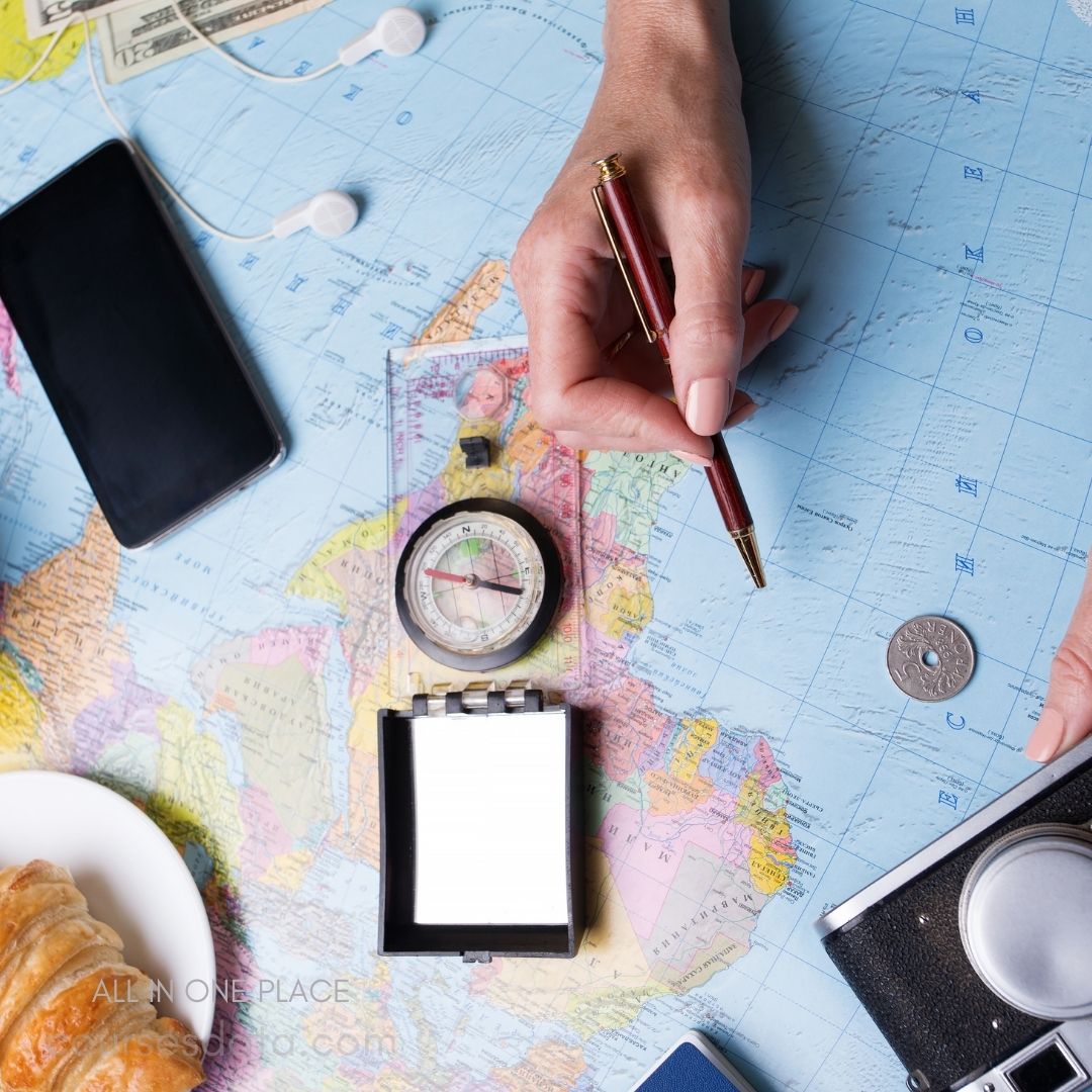 Travel essentials on a map.