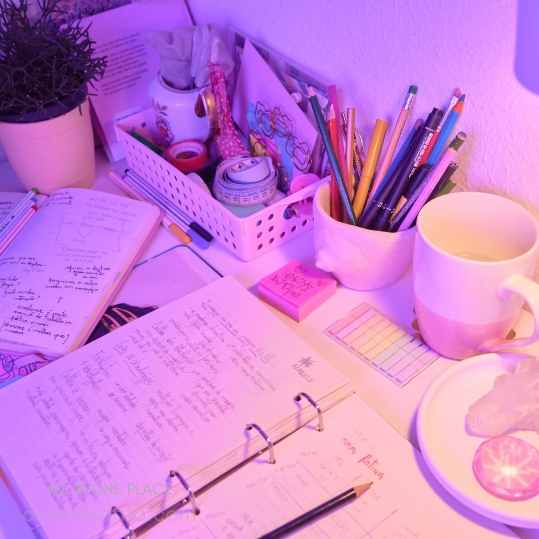 Colorful study space with notes.