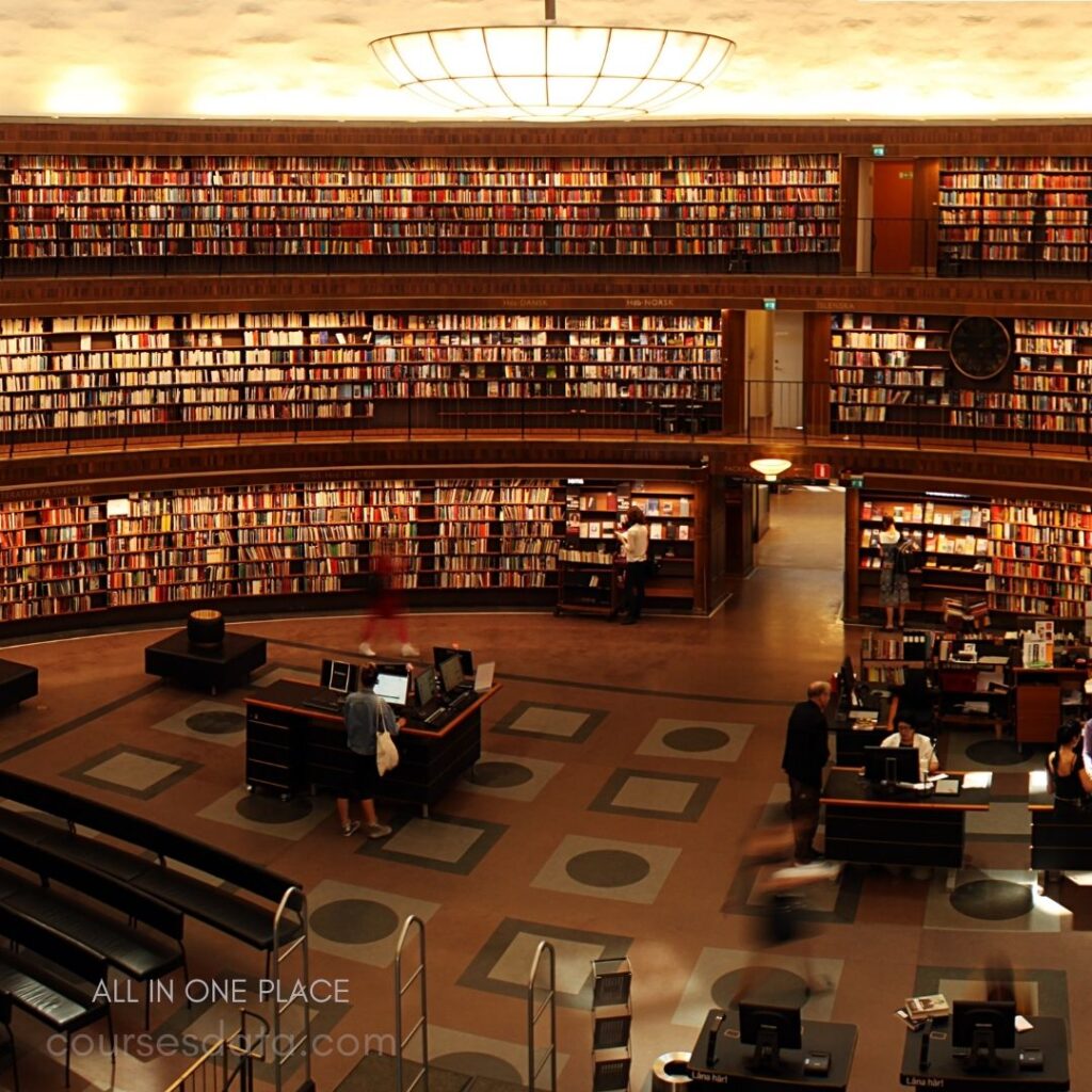 Library interior with stacked books.