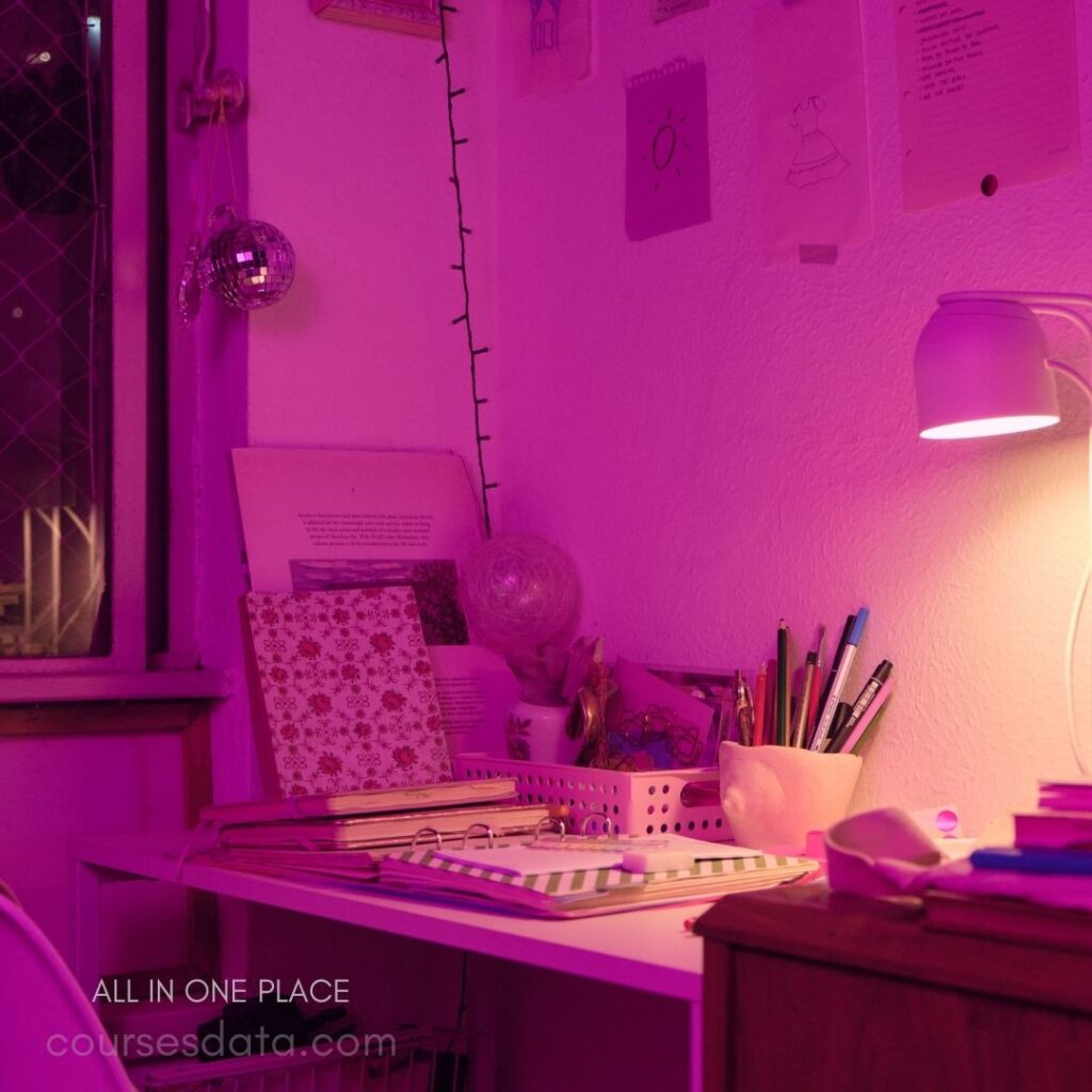 Purple-lit study desk setup.