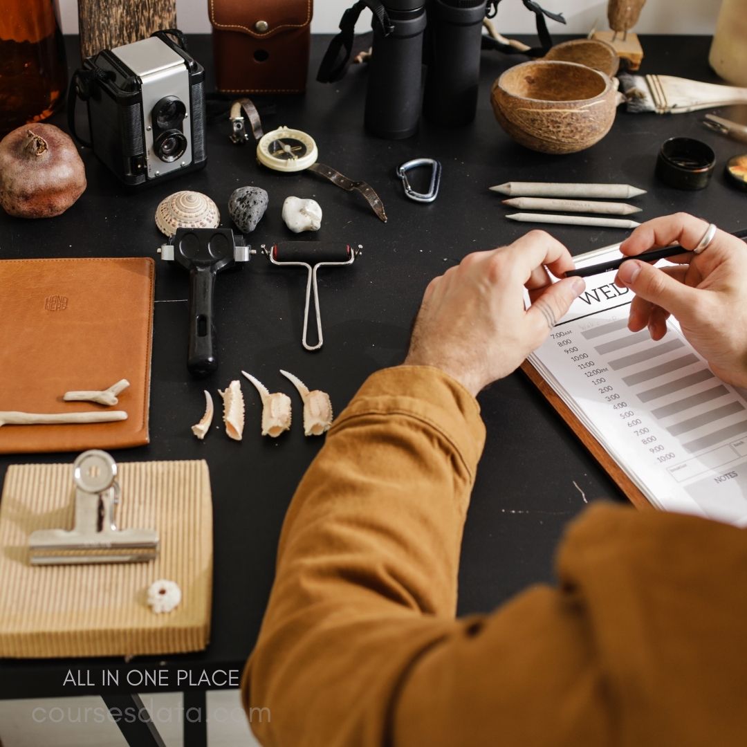 Creative workspace with assorted tools.