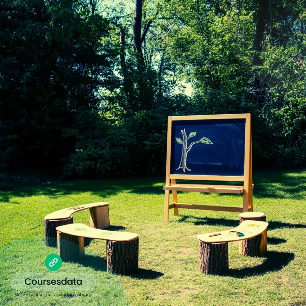 Outdoor classroom with chalkboard and benches.