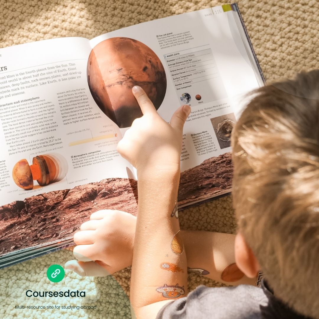 Child reading Mars book illustration.