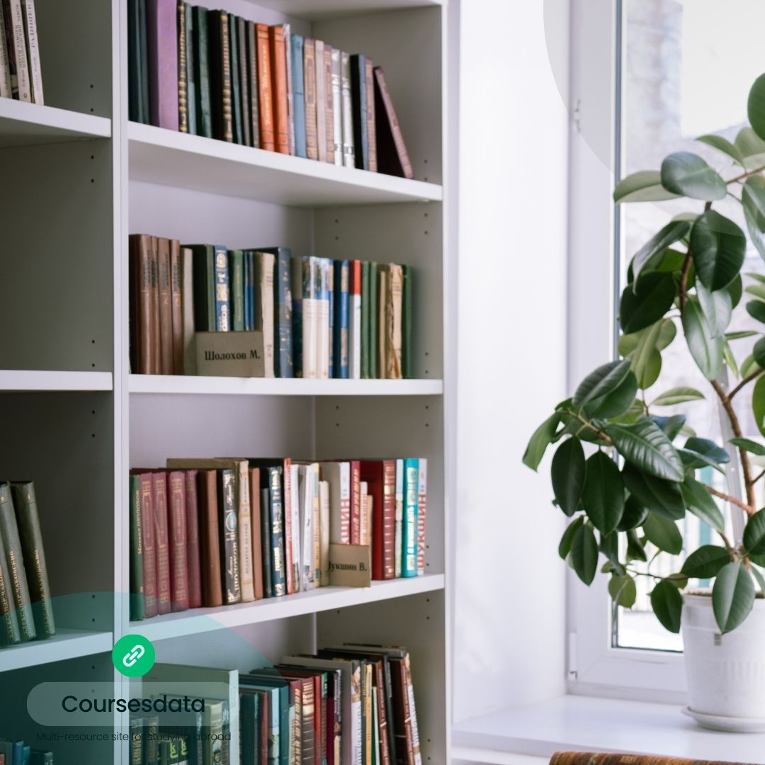 Bookshelves filled with colorful books.