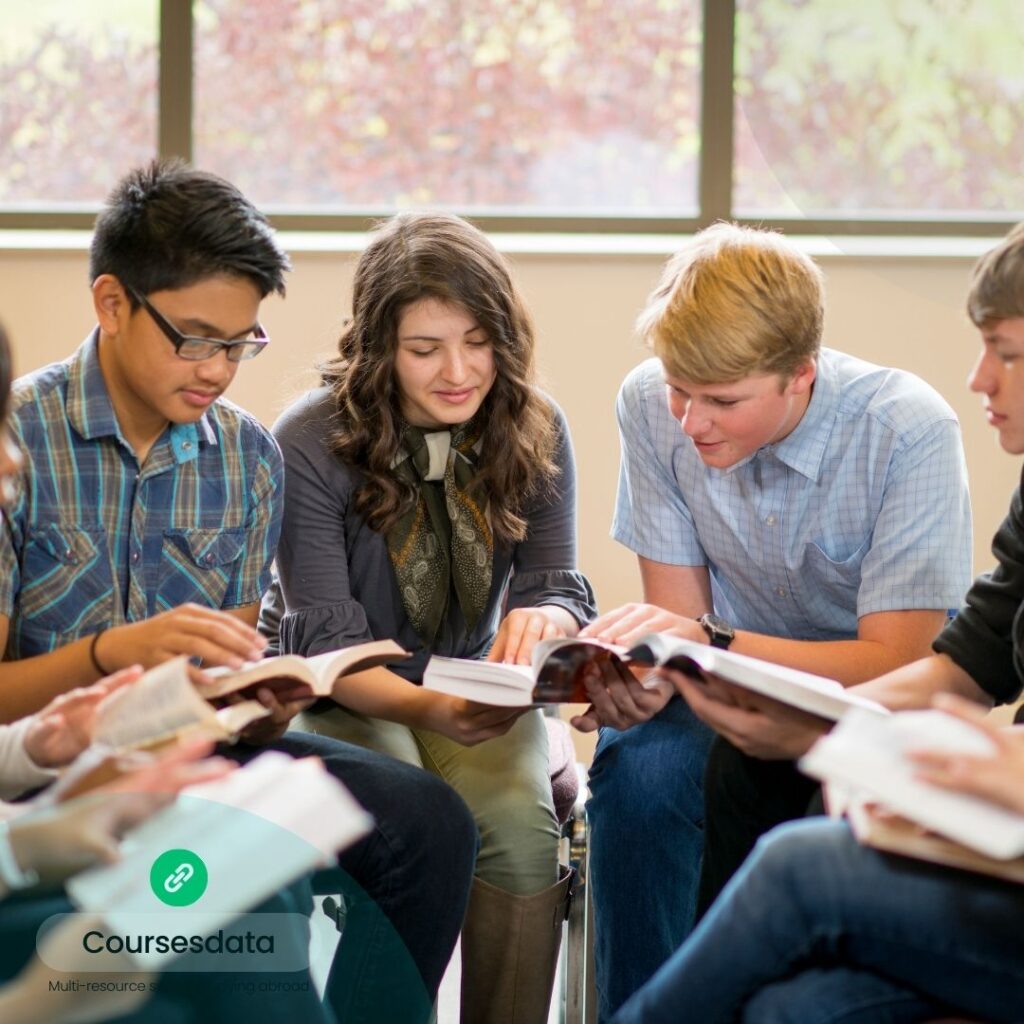 Students engaged in group reading.