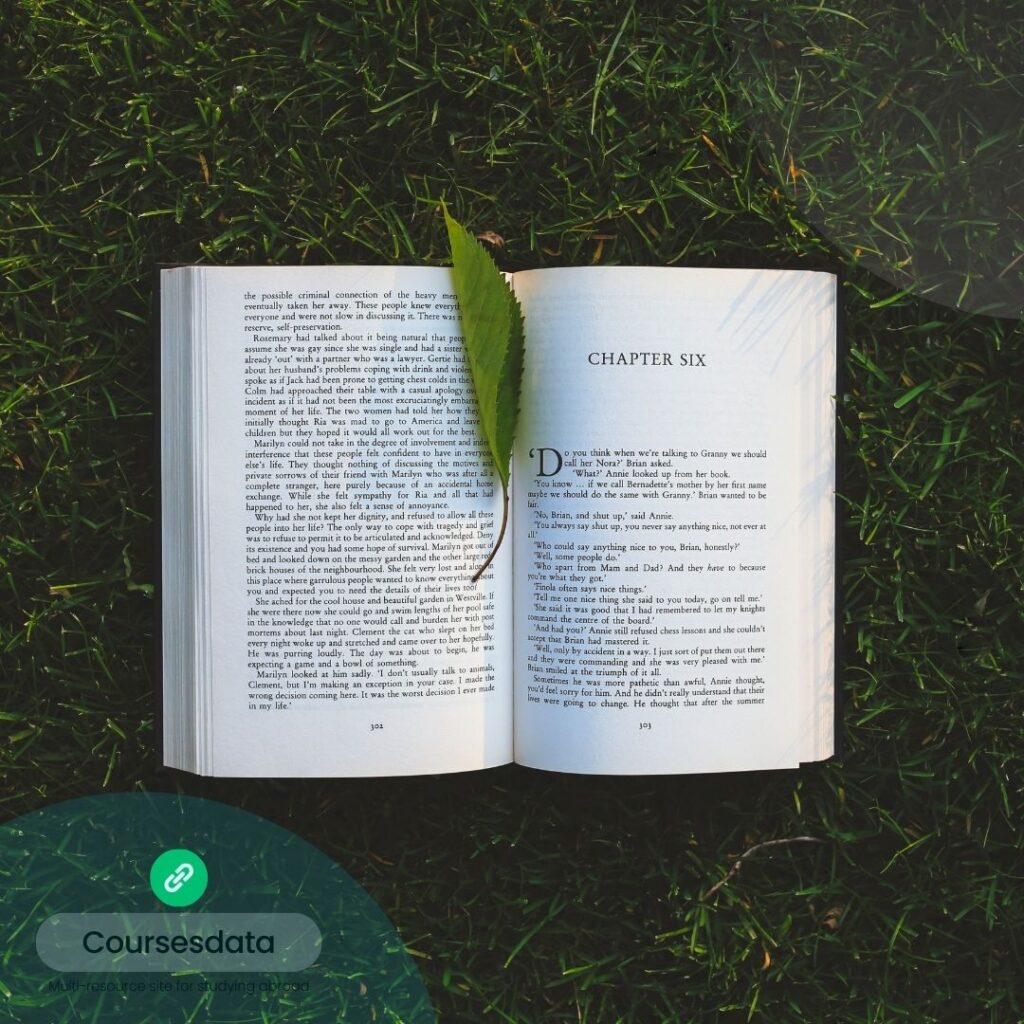 Open book on grass.