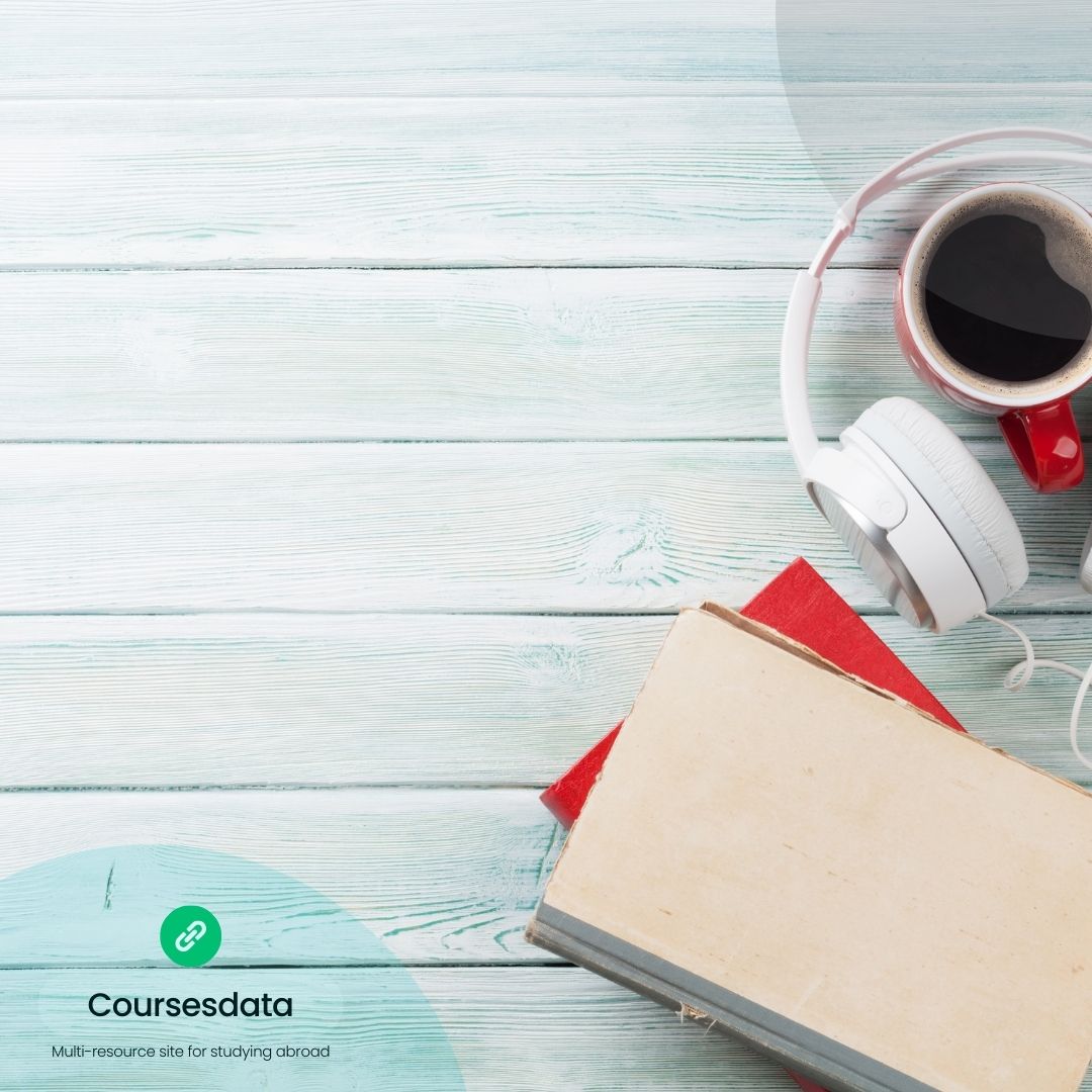 Books, headphones, coffee on table.