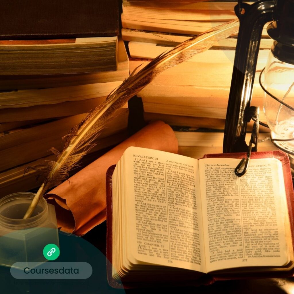 Open book with feather quill.