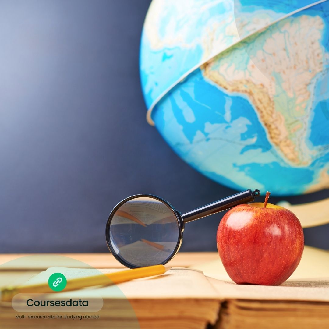Globe, apple, magnifying glass, book.