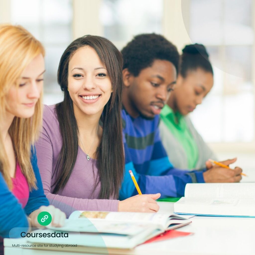 Students studying together, smiling.