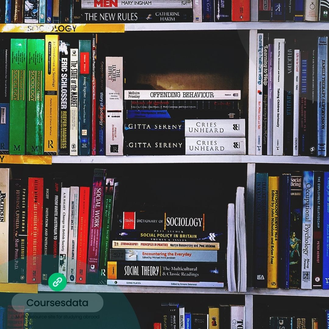 Bookshelves filled with sociology texts.
