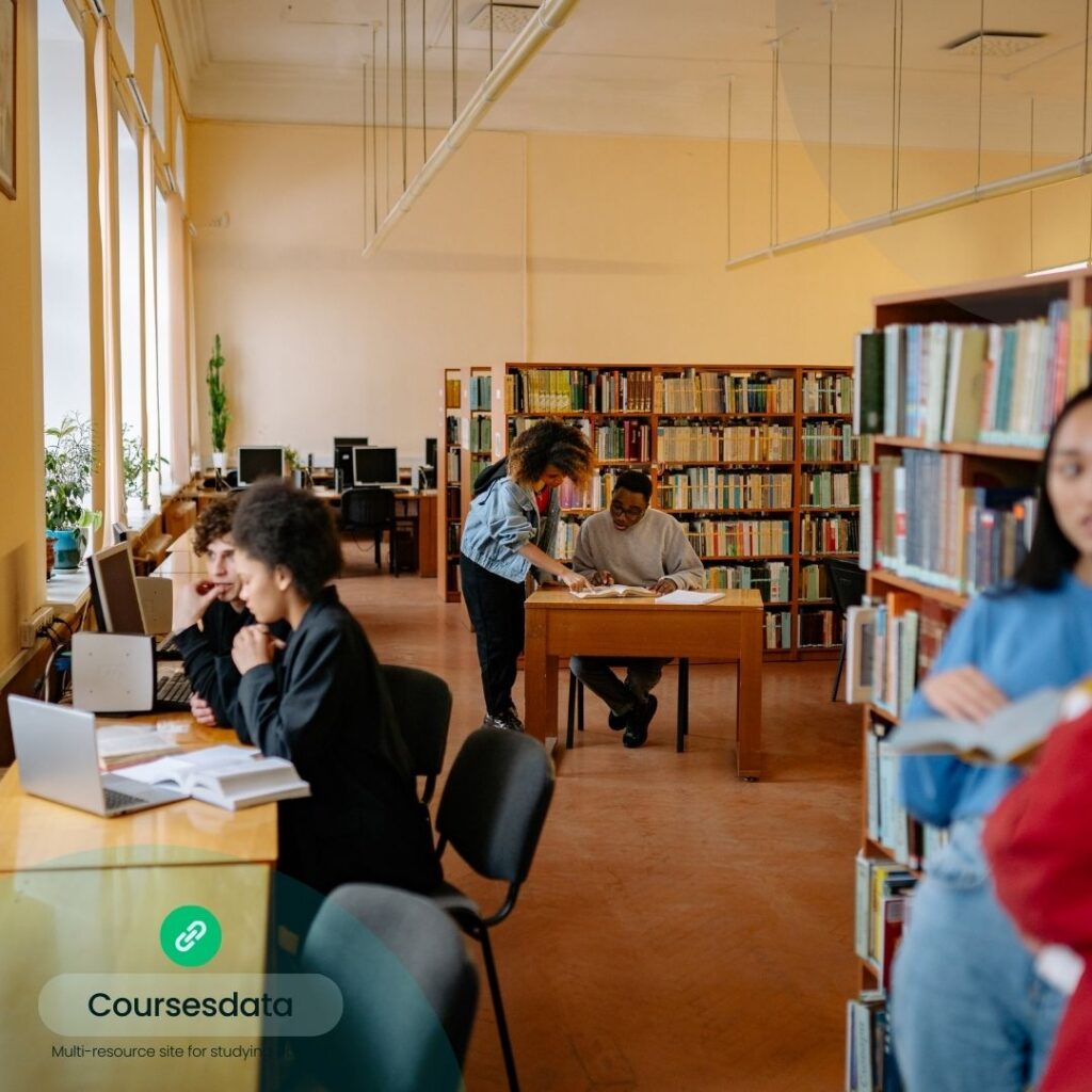 Students studying in a library.