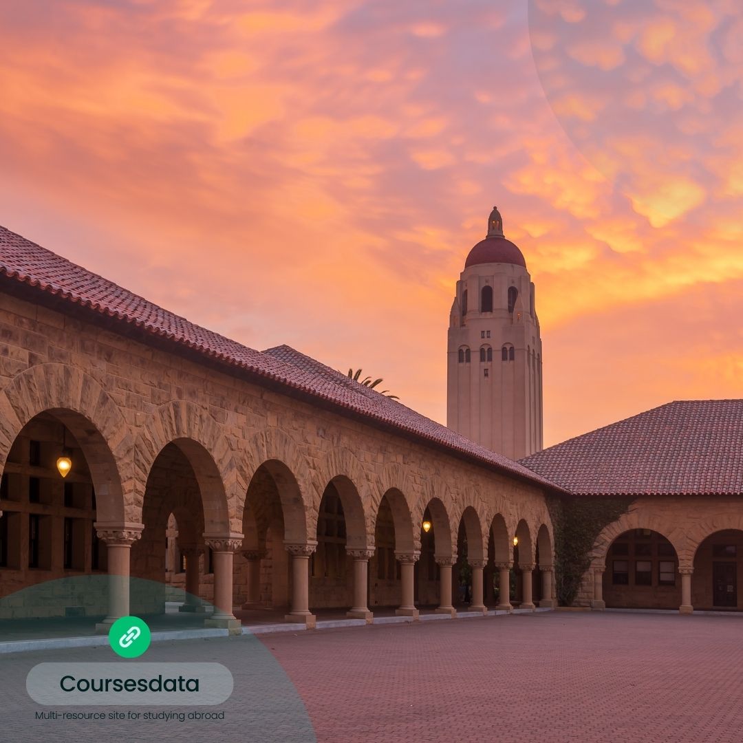Stanford University courtyard at sunset.