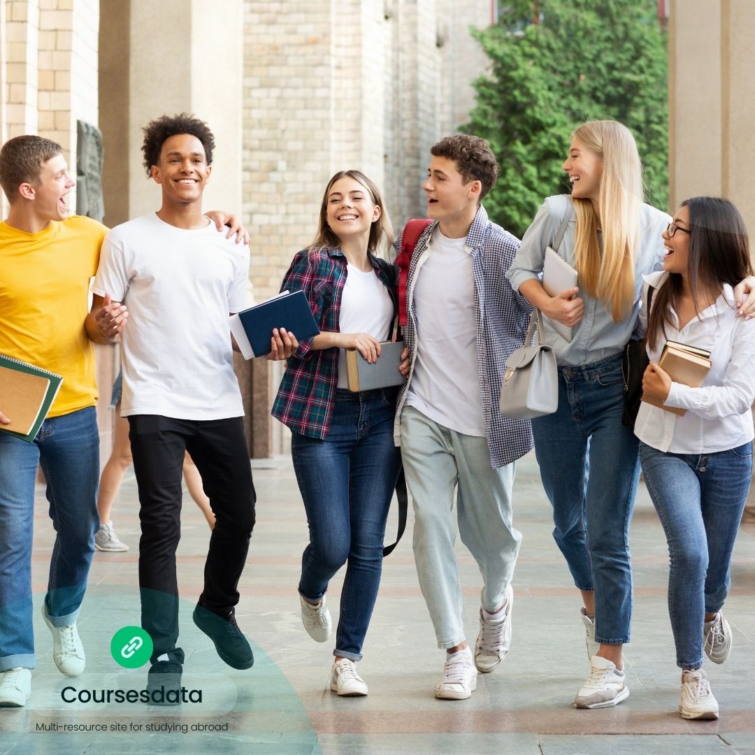 Diverse group of students walking.