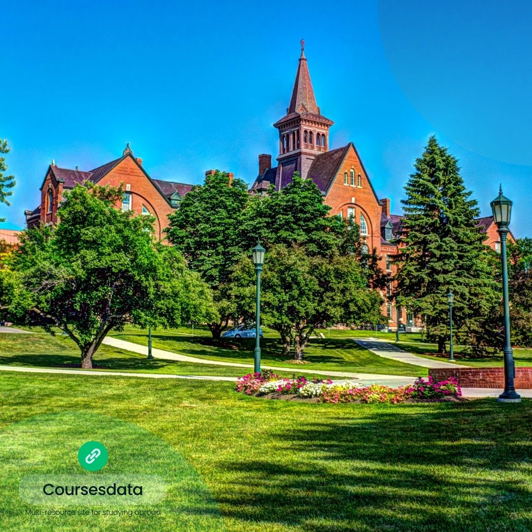 Historic building surrounded by greenery.