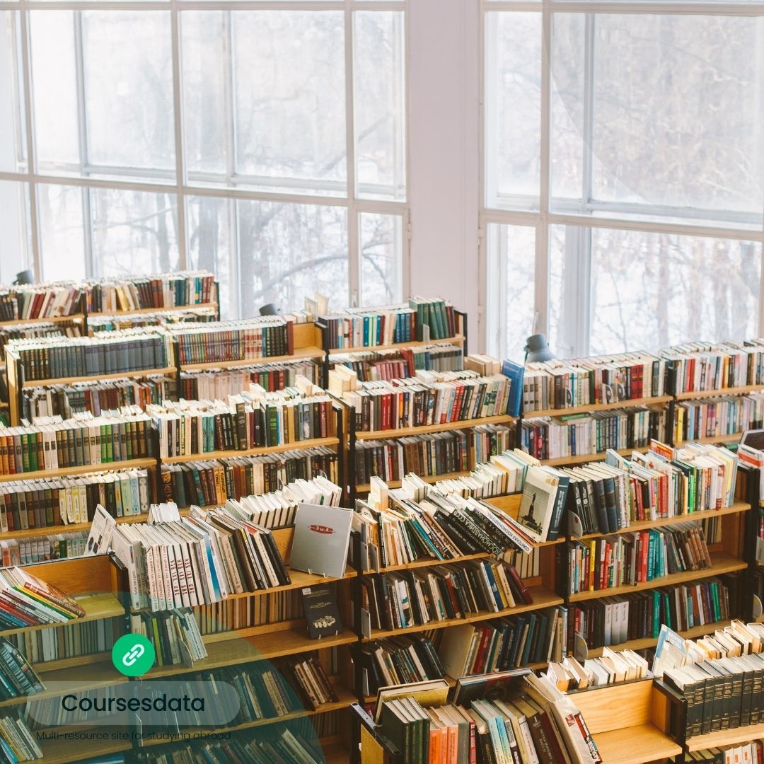 Bookshelves filled with various books.