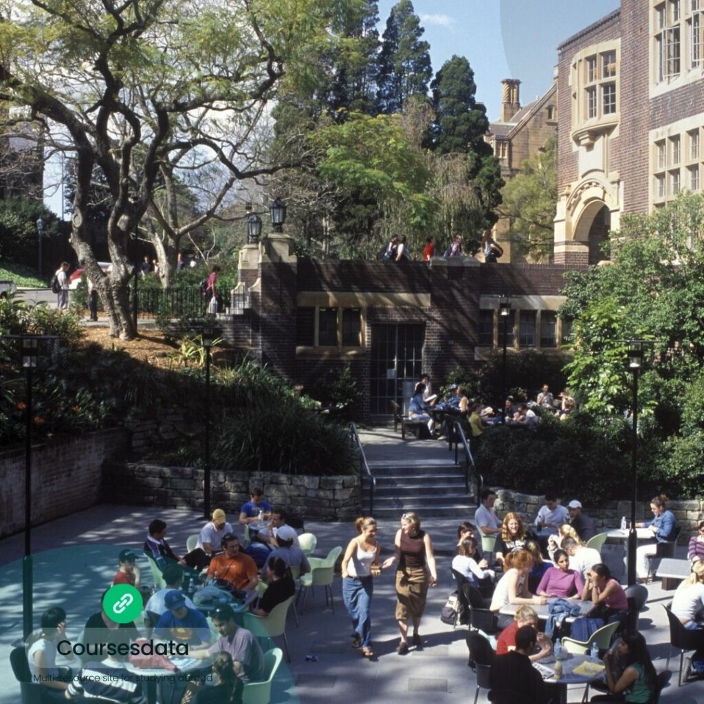 Students socializing in campus courtyard.