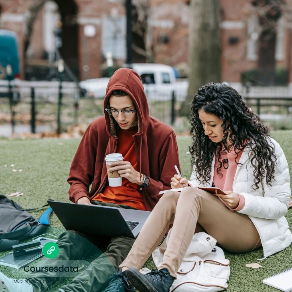 Students studying outdoors together.