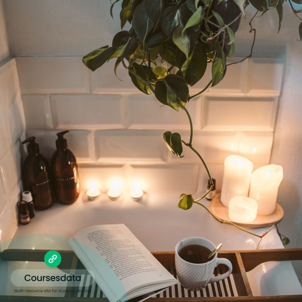 Cozy reading nook with candles.