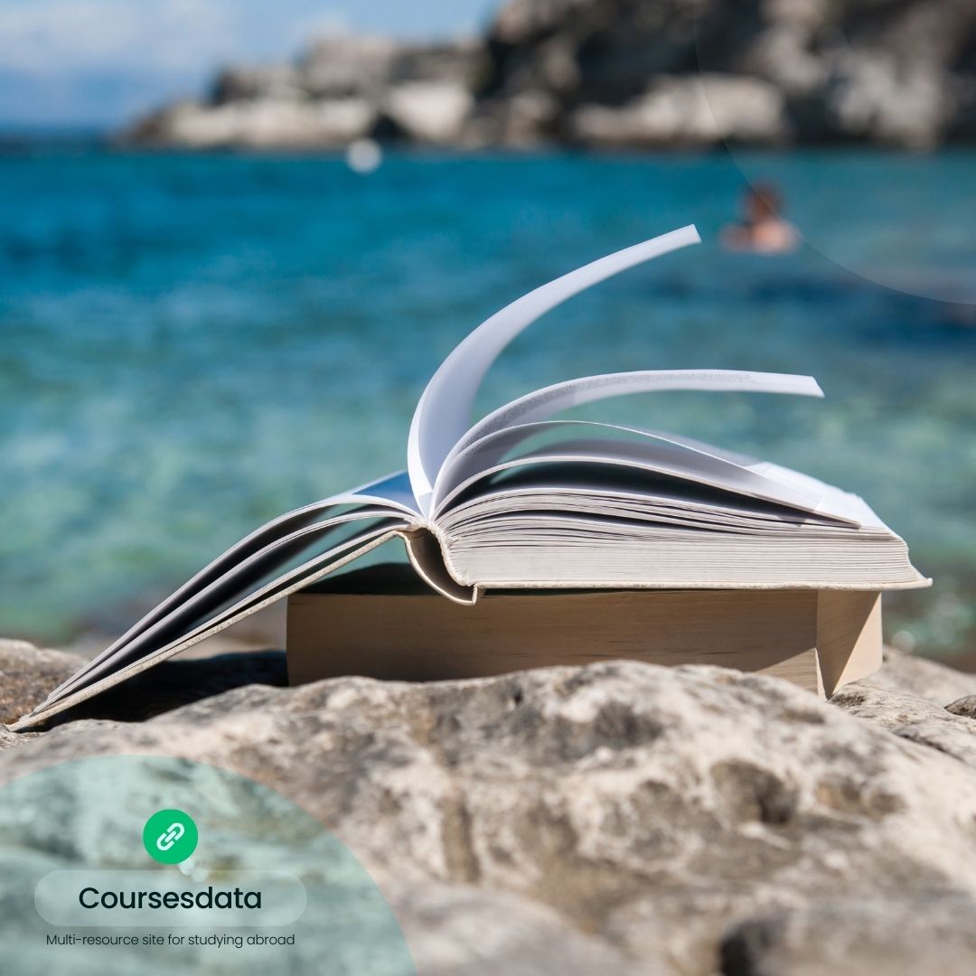 Open book by tranquil sea.