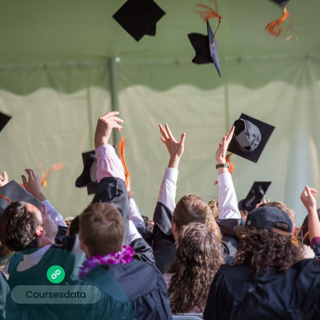 Graduates celebrating with caps.