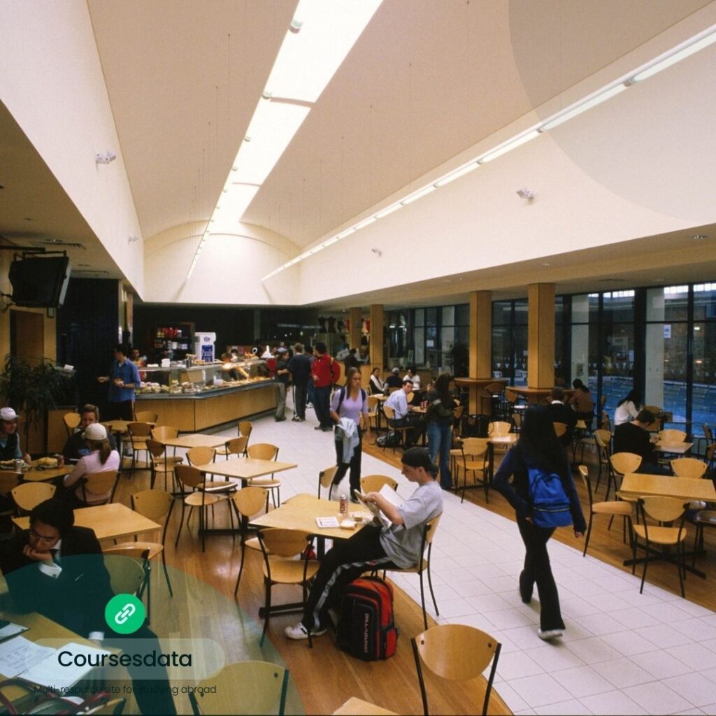 Busy cafeteria with students socializing.