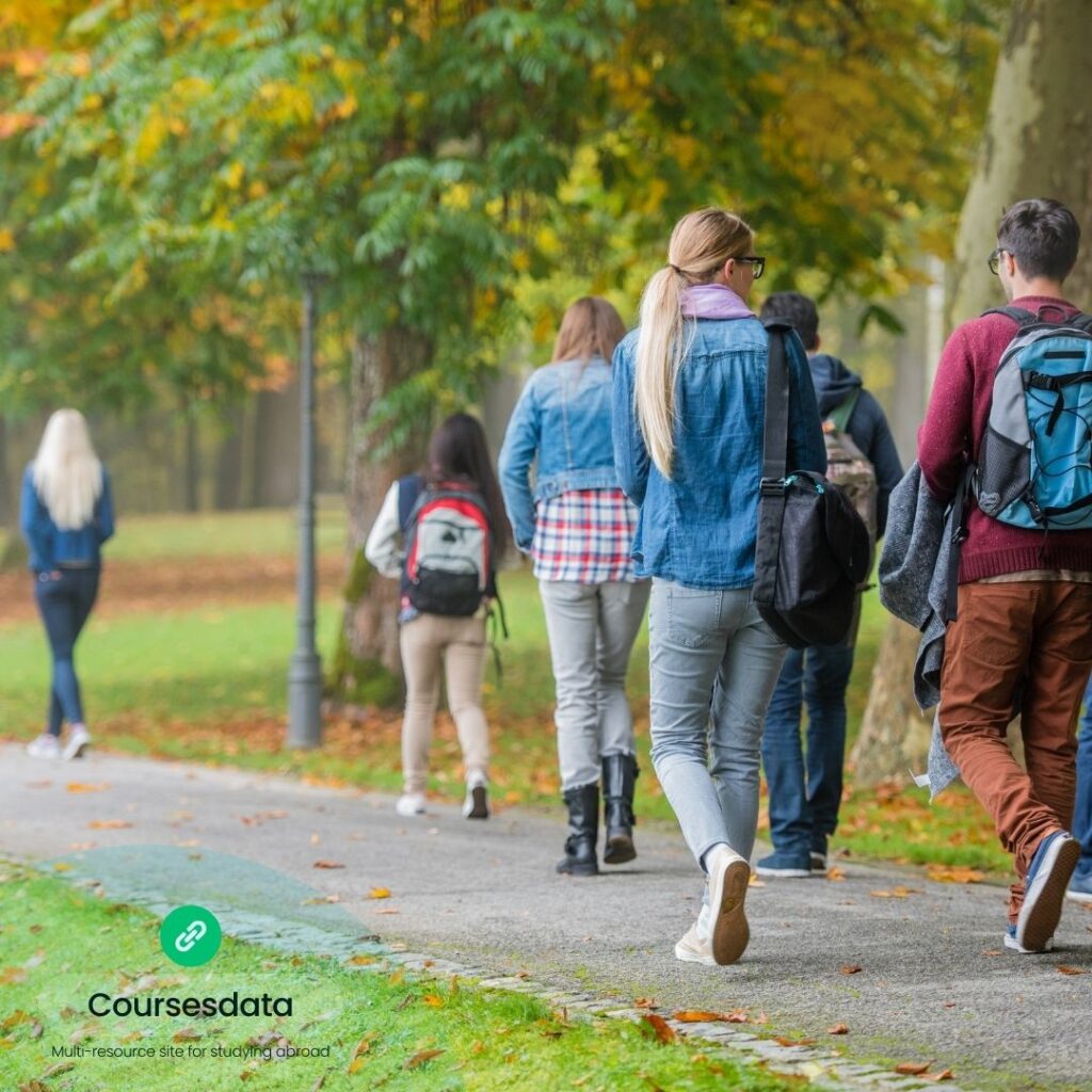 Students walking in autumn park.