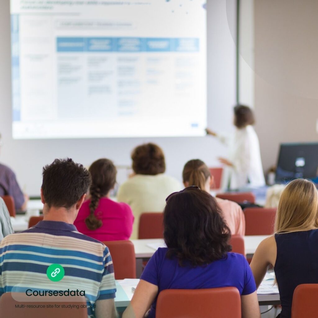 Classroom with presentation screen.