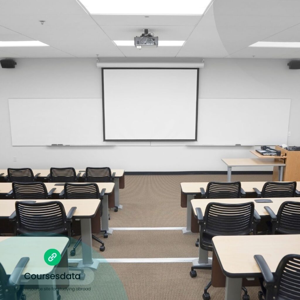 Empty classroom with projector screen.