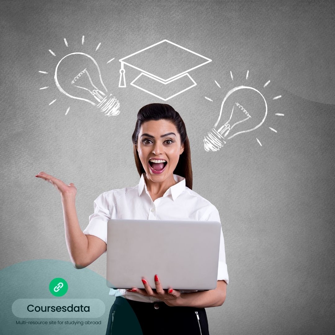 Excited woman with laptop, ideas.