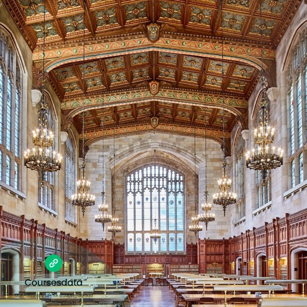 Ornate library interior with chandeliers.