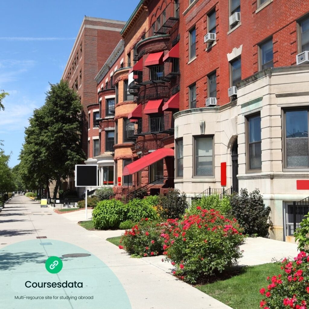 Bright urban street with apartments.