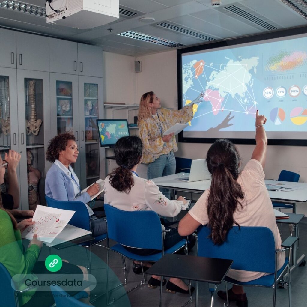 Group presentation in modern classroom.