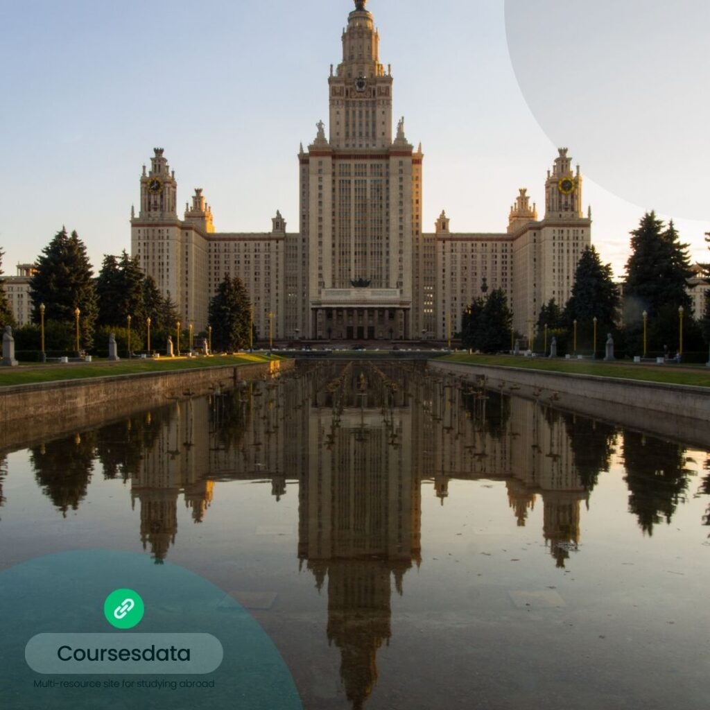 Stalinist architecture reflecting in pond.