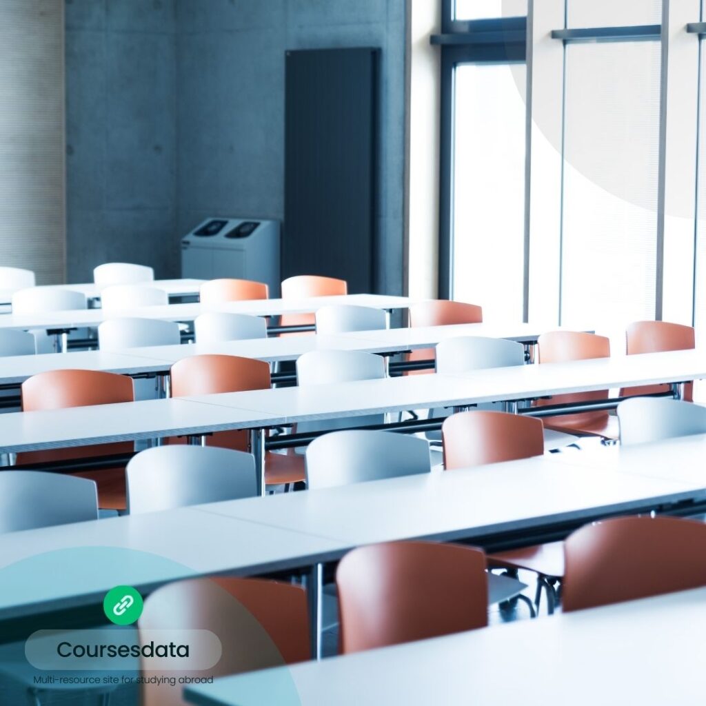 Modern classroom with empty desks.