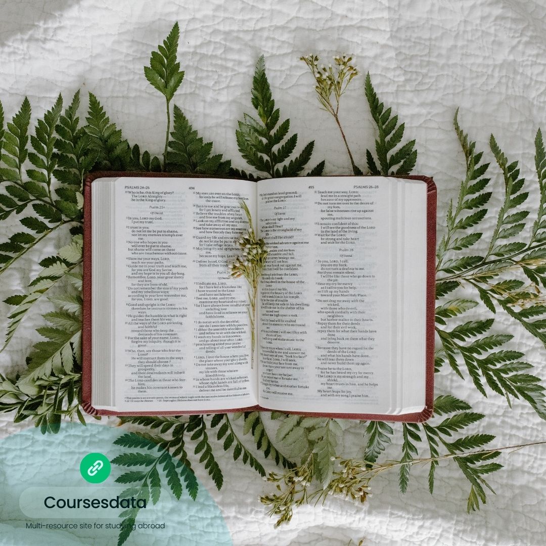 Open Bible surrounded by greenery.